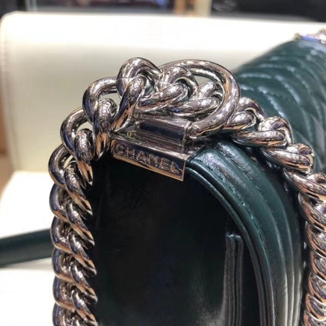 Chanel Medium Metallic Crumpled Waxy Leather Resin Boy Flap Shoulder Bag Dark Green