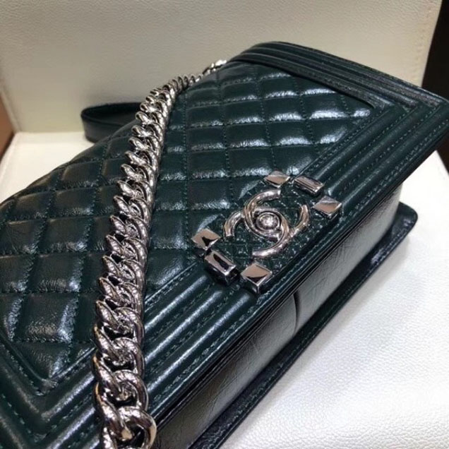 Chanel Medium Metallic Crumpled Waxy Leather Resin Boy Flap Shoulder Bag Dark Green