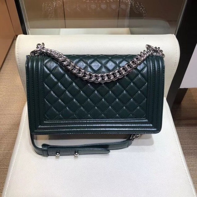 Chanel Medium Metallic Crumpled Waxy Leather Resin Boy Flap Shoulder Bag Dark Green