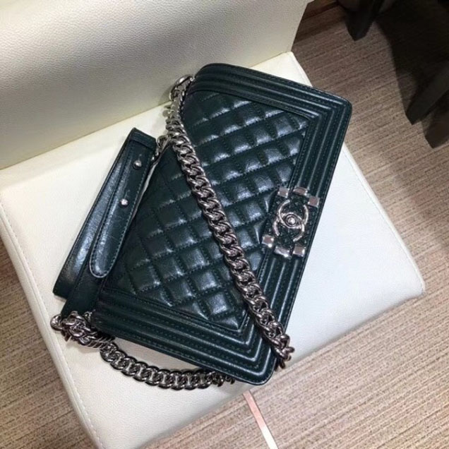 Chanel Medium Metallic Crumpled Waxy Leather Resin Boy Flap Shoulder Bag Dark Green