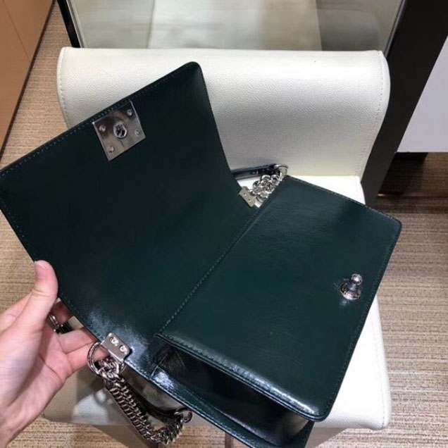 Chanel Medium Metallic Crumpled Waxy Leather Resin Boy Flap Shoulder Bag Dark Green
