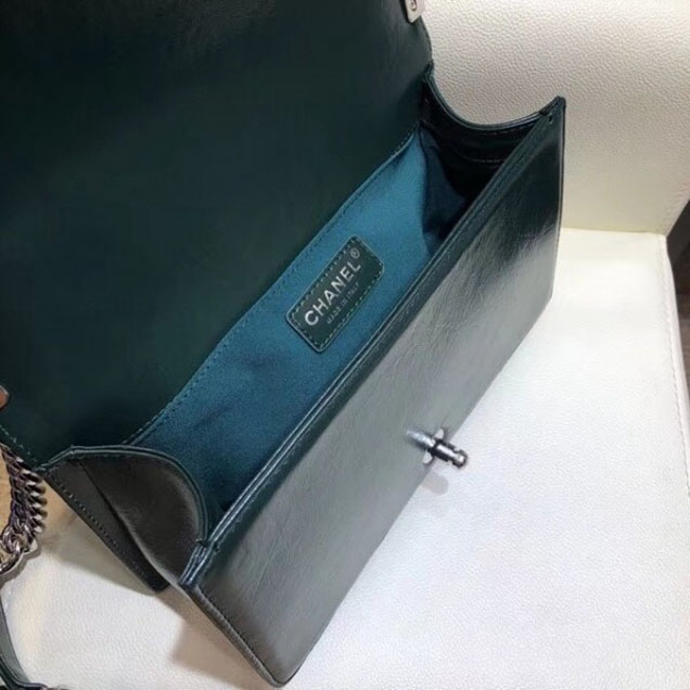 Chanel Medium Metallic Crumpled Waxy Leather Resin Boy Flap Shoulder Bag Dark Green