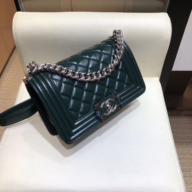 Chanel Small Metallic Crumpled Waxy Leather Resin Boy Flap Shoulder Bag Dark Green