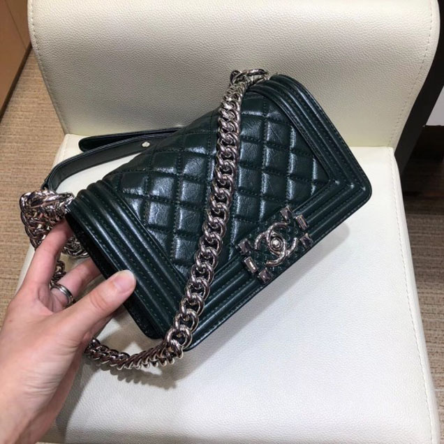 Chanel Small Metallic Crumpled Waxy Leather Resin Boy Flap Shoulder Bag Dark Green