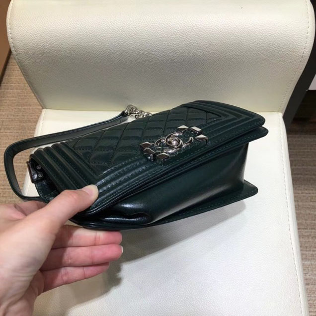 Chanel Small Metallic Crumpled Waxy Leather Resin Boy Flap Shoulder Bag Dark Green
