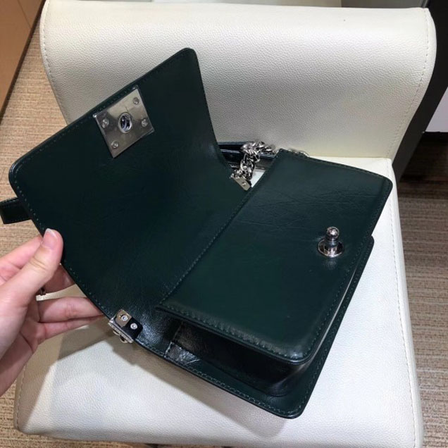 Chanel Small Metallic Crumpled Waxy Leather Resin Boy Flap Shoulder Bag Dark Green
