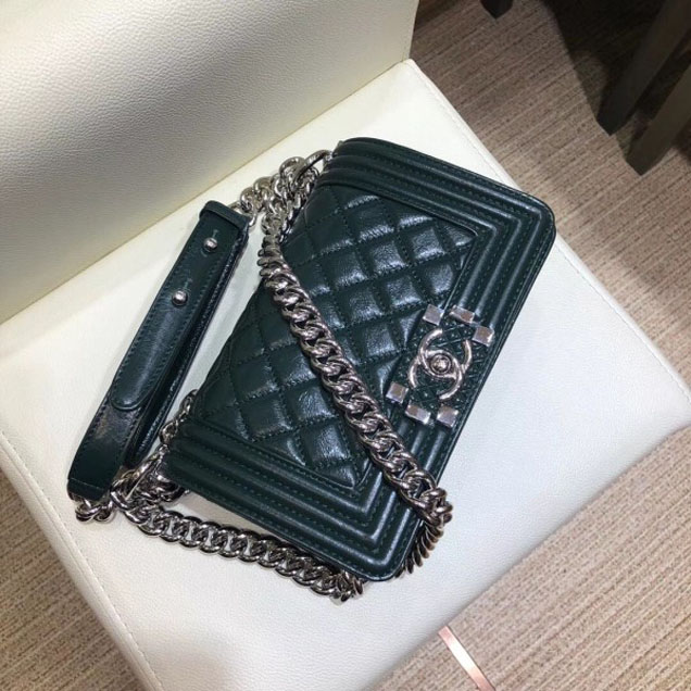 Chanel Small Metallic Crumpled Waxy Leather Resin Boy Flap Shoulder Bag Dark Green