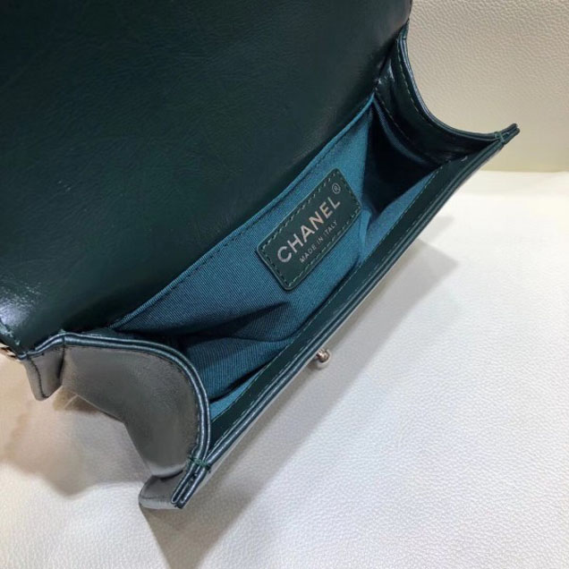 Chanel Small Metallic Crumpled Waxy Leather Resin Boy Flap Shoulder Bag Dark Green