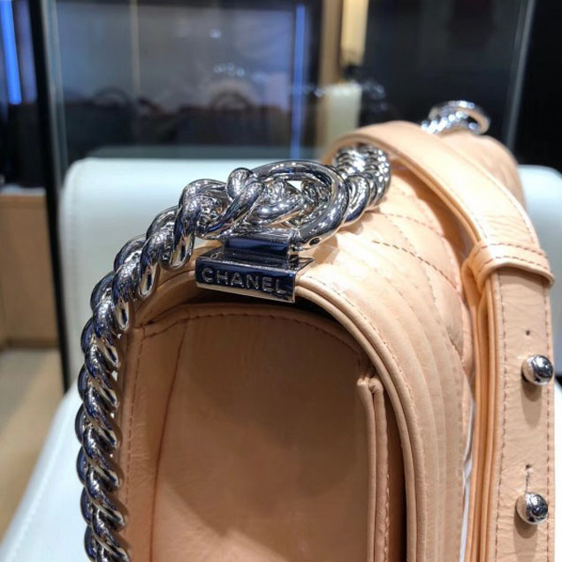 Chanel New Medium Metallic Crumpled Waxy Leather Resin Boy Flap Shoulder Bag Apricot