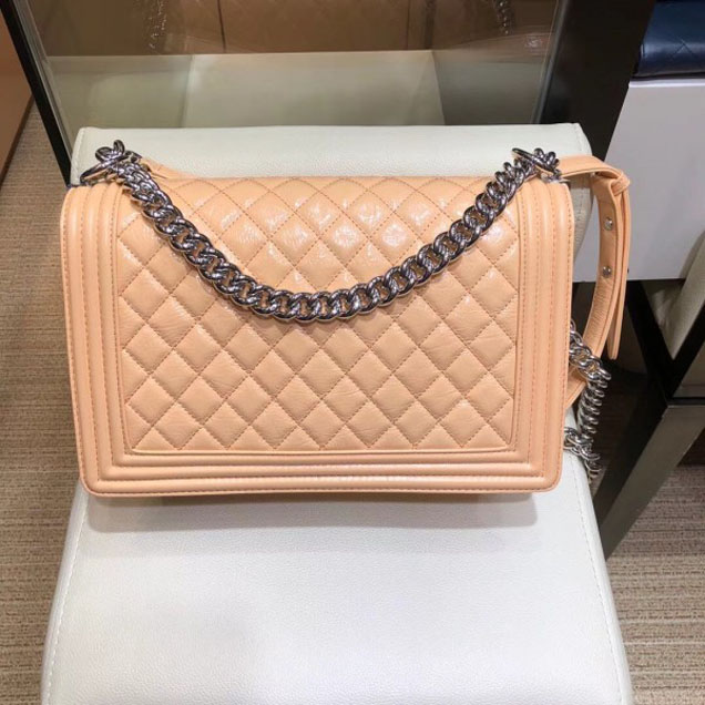 Chanel New Medium Metallic Crumpled Waxy Leather Resin Boy Flap Shoulder Bag Apricot