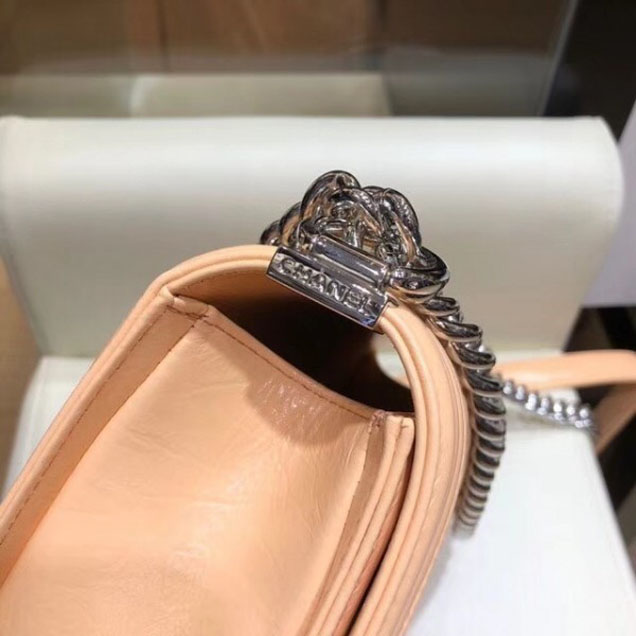 Chanel Medium Metallic Crumpled Waxy Leather Resin Boy Flap Shoulder Bag Apricot