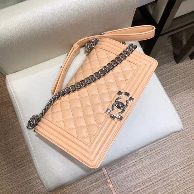 Chanel Medium Metallic Crumpled Waxy Leather Resin Boy Flap Shoulder Bag Apricot