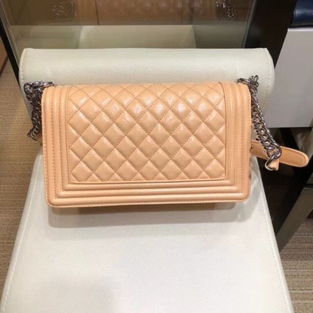 Chanel Medium Metallic Crumpled Waxy Leather Resin Boy Flap Shoulder Bag Apricot