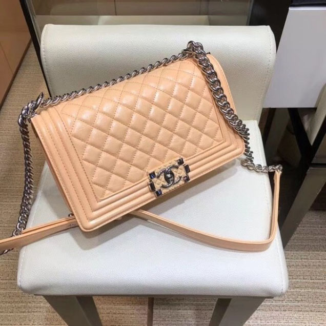 Chanel Medium Metallic Crumpled Waxy Leather Resin Boy Flap Shoulder Bag Apricot