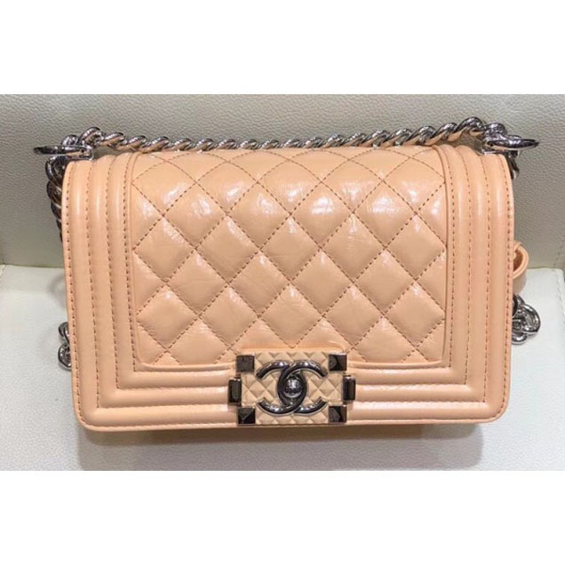 Chanel Small Metallic Crumpled Waxy Leather Resin Boy Flap Shoulder Bag Apricot