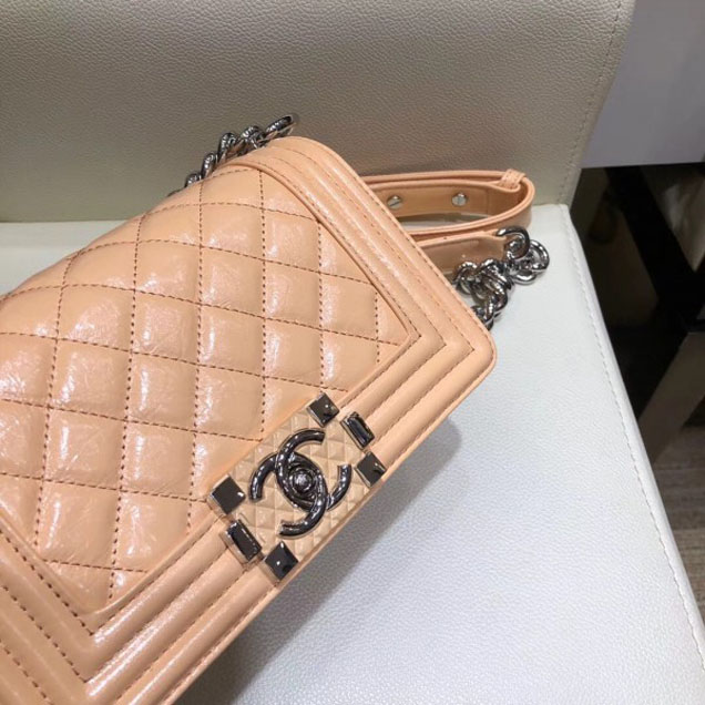 Chanel Small Metallic Crumpled Waxy Leather Resin Boy Flap Shoulder Bag Apricot