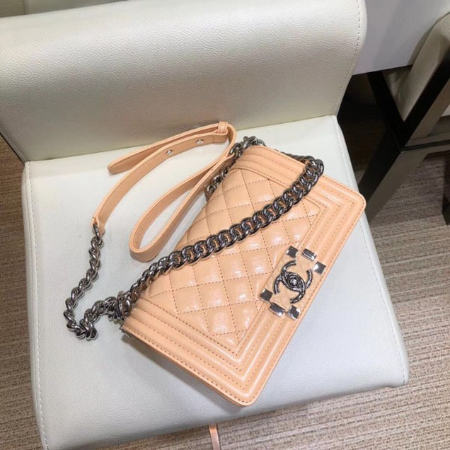 Chanel Small Metallic Crumpled Waxy Leather Resin Boy Flap Shoulder Bag Apricot