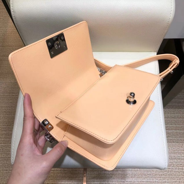 Chanel Small Metallic Crumpled Waxy Leather Resin Boy Flap Shoulder Bag Apricot