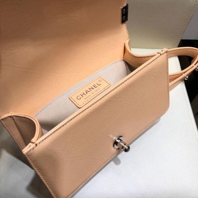 Chanel Small Metallic Crumpled Waxy Leather Resin Boy Flap Shoulder Bag Apricot