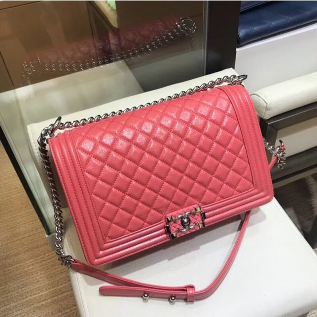Chanel New Medium Metallic Crumpled Waxy Leather Resin Boy Flap Shoulder Bag Dark Pink