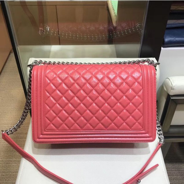 Chanel New Medium Metallic Crumpled Waxy Leather Resin Boy Flap Shoulder Bag Dark Pink