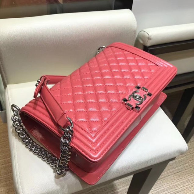 Chanel New Medium Metallic Crumpled Waxy Leather Resin Boy Flap Shoulder Bag Dark Pink