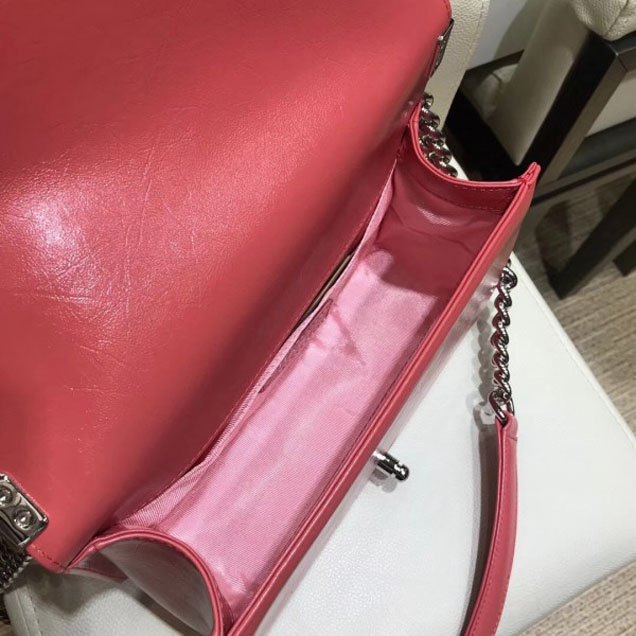 Chanel Medium Metallic Crumpled Waxy Leather Resin Boy Flap Shoulder Bag Dark Pink