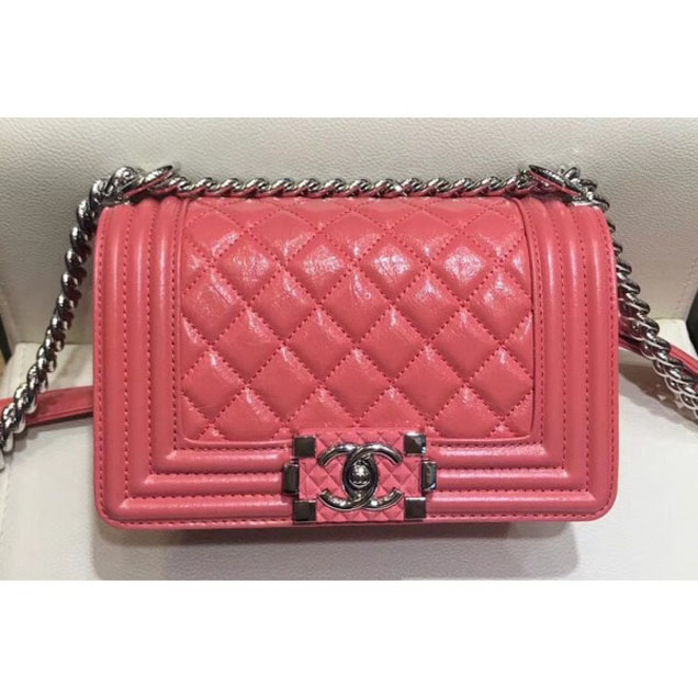 Chanel Small Metallic Crumpled Waxy Leather Resin Boy Flap Shoulder Bag Dark Pink