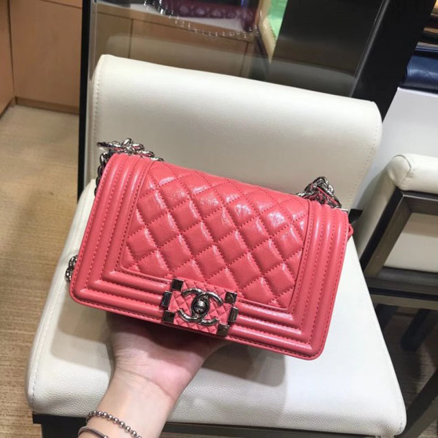 Chanel Small Metallic Crumpled Waxy Leather Resin Boy Flap Shoulder Bag Dark Pink