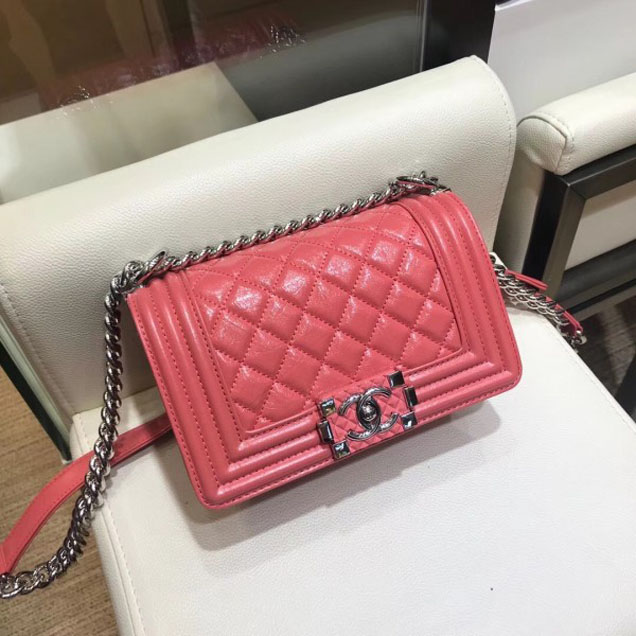 Chanel Small Metallic Crumpled Waxy Leather Resin Boy Flap Shoulder Bag Dark Pink