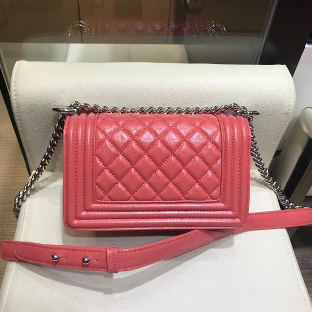 Chanel Small Metallic Crumpled Waxy Leather Resin Boy Flap Shoulder Bag Dark Pink