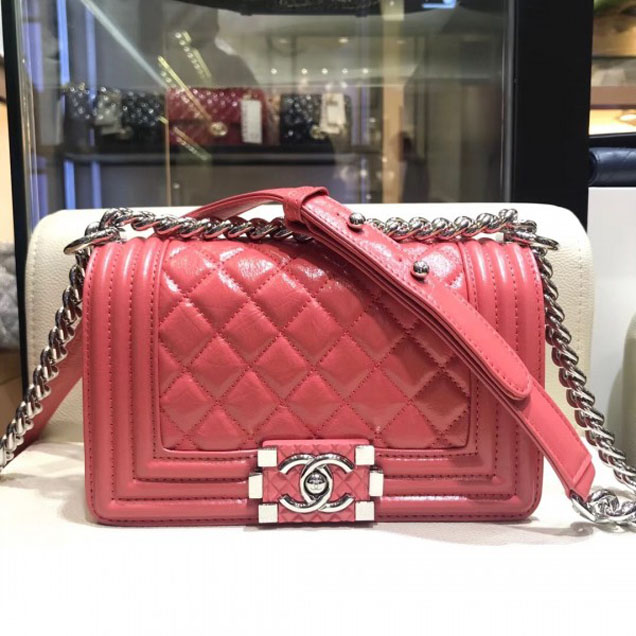 Chanel Small Metallic Crumpled Waxy Leather Resin Boy Flap Shoulder Bag Dark Pink