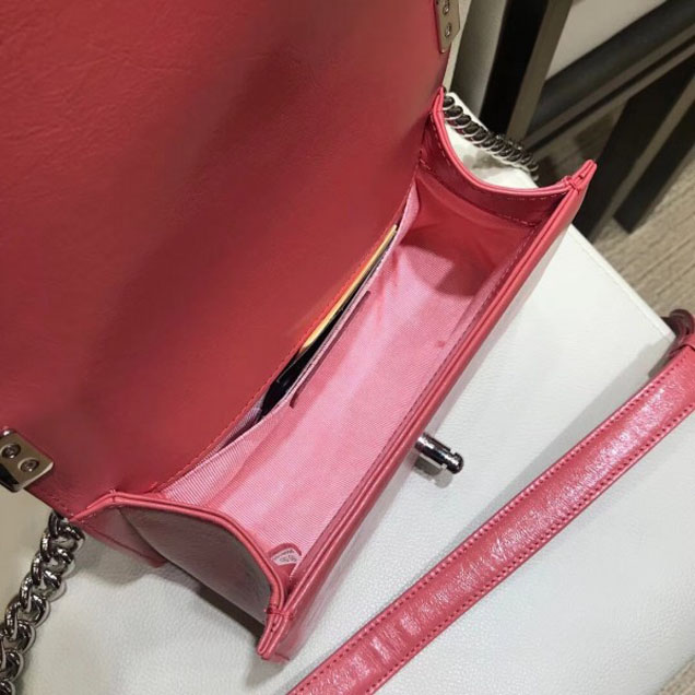 Chanel Small Metallic Crumpled Waxy Leather Resin Boy Flap Shoulder Bag Dark Pink
