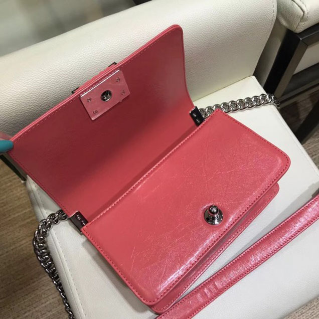 Chanel Small Metallic Crumpled Waxy Leather Resin Boy Flap Shoulder Bag Dark Pink