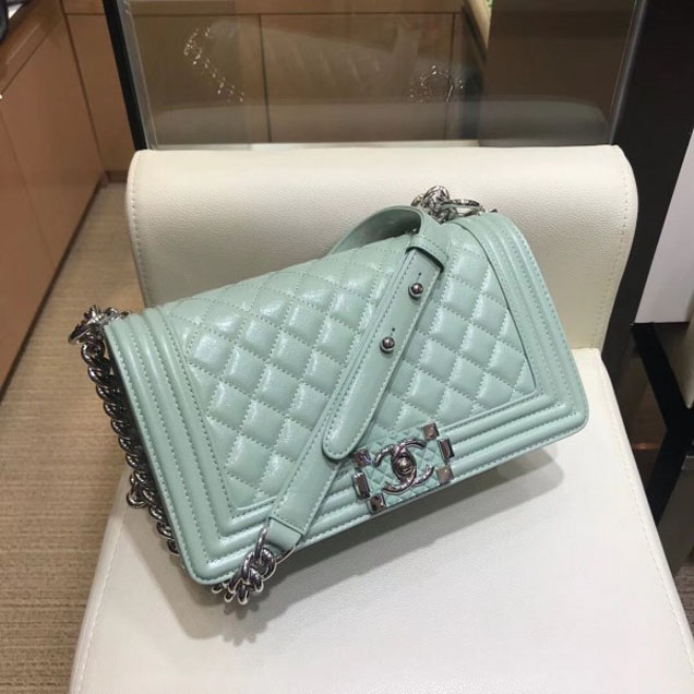 Chanel Medium Metallic Crumpled Waxy Leather Resin Boy Flap Shoulder Bag Light Green
