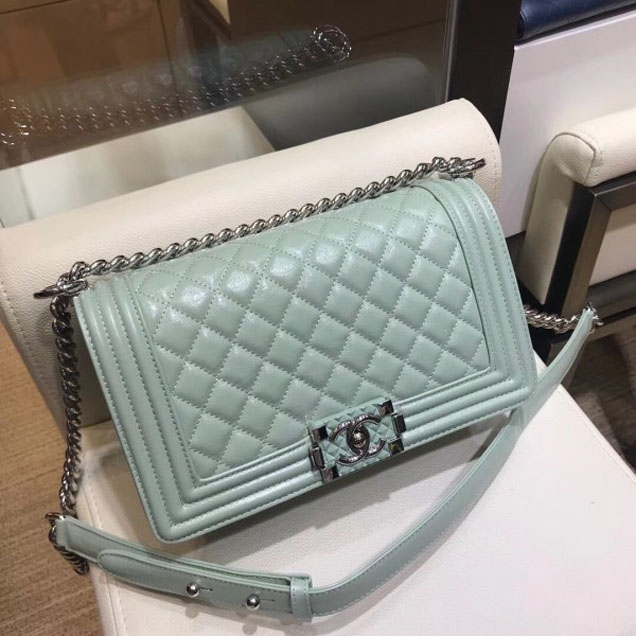 Chanel Medium Metallic Crumpled Waxy Leather Resin Boy Flap Shoulder Bag Light Green