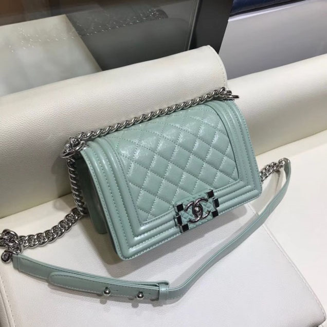 Chanel Small Metallic Crumpled Waxy Leather Resin Boy Flap Shoulder Bag Light Green