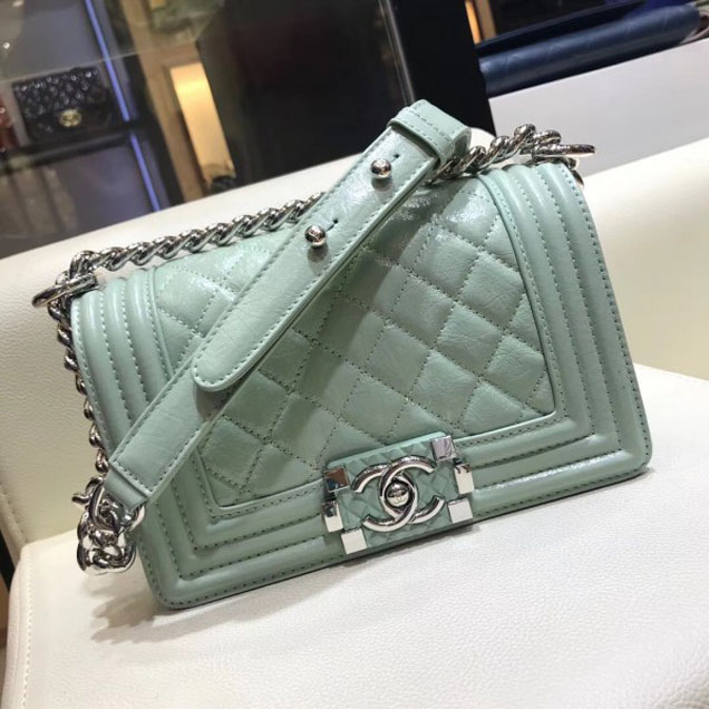 Chanel Small Metallic Crumpled Waxy Leather Resin Boy Flap Shoulder Bag Light Green