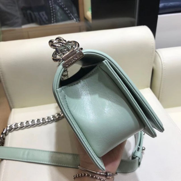 Chanel Small Metallic Crumpled Waxy Leather Resin Boy Flap Shoulder Bag Light Green