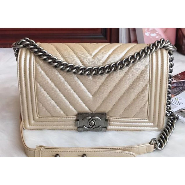 Chanel Medium Caviar Leather Chevron Boy Flap Shoulder Bag Light Gold with Silver Hardware 2018