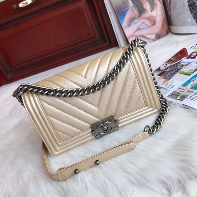 Chanel Medium Caviar Leather Chevron Boy Flap Shoulder Bag Light Gold with Silver Hardware 2018