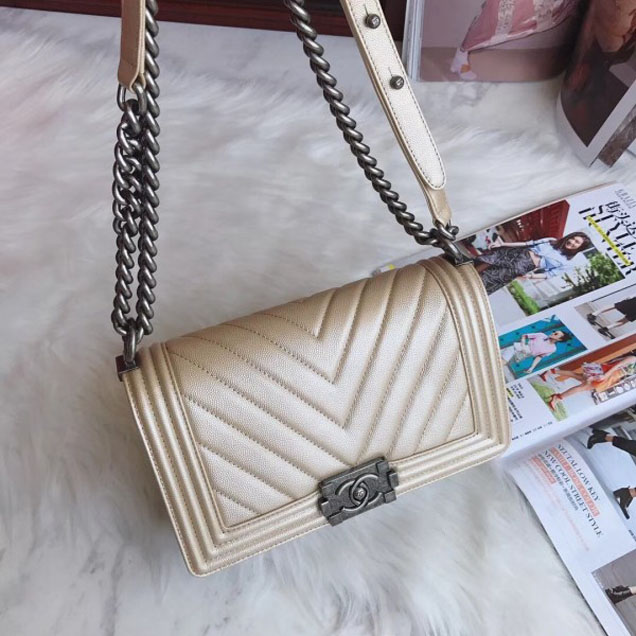 Chanel Medium Caviar Leather Chevron Boy Flap Shoulder Bag Light Gold with Silver Hardware 2018