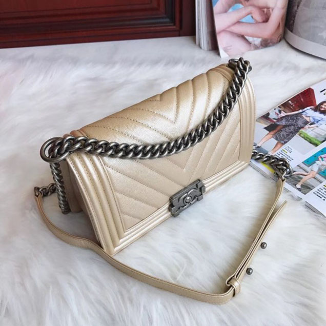Chanel Medium Caviar Leather Chevron Boy Flap Shoulder Bag Light Gold with Silver Hardware 2018