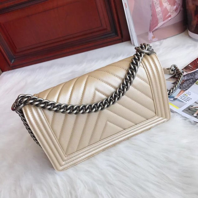 Chanel Medium Caviar Leather Chevron Boy Flap Shoulder Bag Light Gold with Silver Hardware 2018