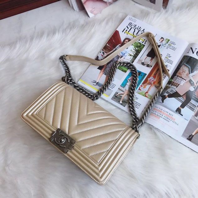 Chanel Medium Caviar Leather Chevron Boy Flap Shoulder Bag Light Gold with Silver Hardware 2018
