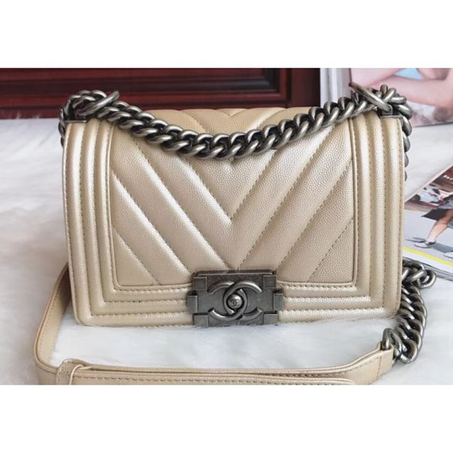 Chanel Small Caviar Leather Chevron Boy Flap Shoulder Bag Light Gold with Silver Hardware 2018