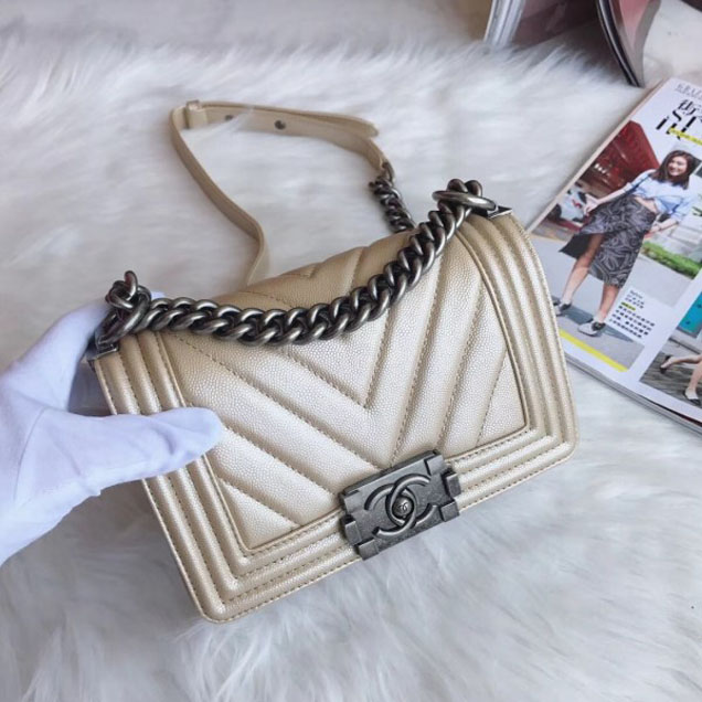 Chanel Small Caviar Leather Chevron Boy Flap Shoulder Bag Light Gold with Silver Hardware 2018