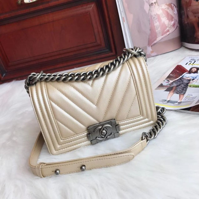 Chanel Small Caviar Leather Chevron Boy Flap Shoulder Bag Light Gold with Silver Hardware 2018
