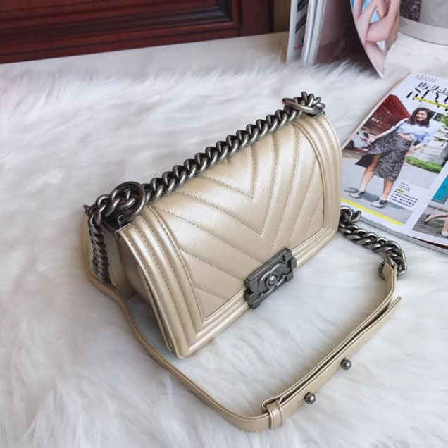 Chanel Small Caviar Leather Chevron Boy Flap Shoulder Bag Light Gold with Silver Hardware 2018