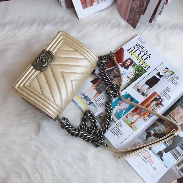 Chanel Small Caviar Leather Chevron Boy Flap Shoulder Bag Light Gold with Silver Hardware 2018